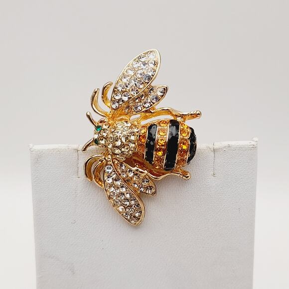 Bee Gold Plated Brooch, Insect Pin Clear Black Yellow Rhinestones Signed Ricinni - Picture 10 of 11